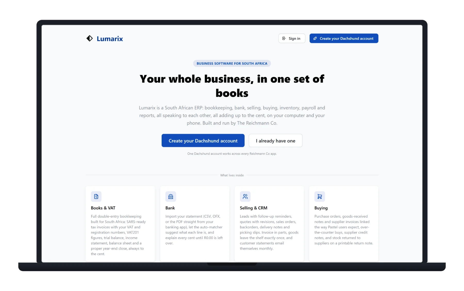 Lumarix open in a browser, showing the sign-in page and the parts the system covers: books and VAT, bank, selling and CRM, and buying.